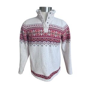 Orvis Women's Sweatshirt Top Fair Isle Quarter Button Mock Neck Fleece Cozy M